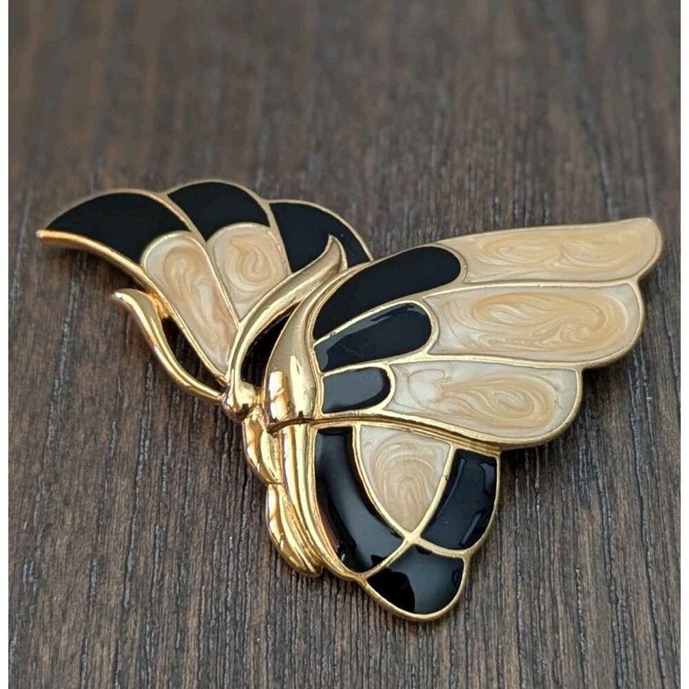 VTG Crown Trifari Butterfly Brooch Cream Black Enamel Gold Tone Large Stamped